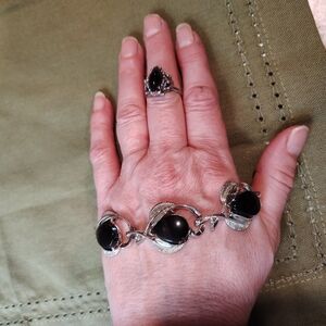 STAR Silver Bracelet and VOGUE Ring Set with Black Stones Lot